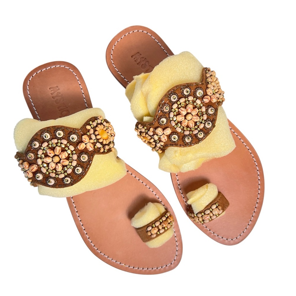 Mystique NEW Beaded Tan‎ Leather Loop Slip On Sandals Size 10 Boho Chic Summer